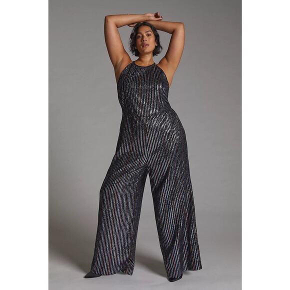 Anthropologie Maeve Disco Halter Jumpsuit Sequined Halter Neck Size 14 Glam - Picture 2 of 13